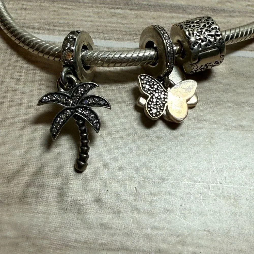Authentic Pandora Sterling Silver 925 Bracelet w/ Palm Tree, Butterfly Charms